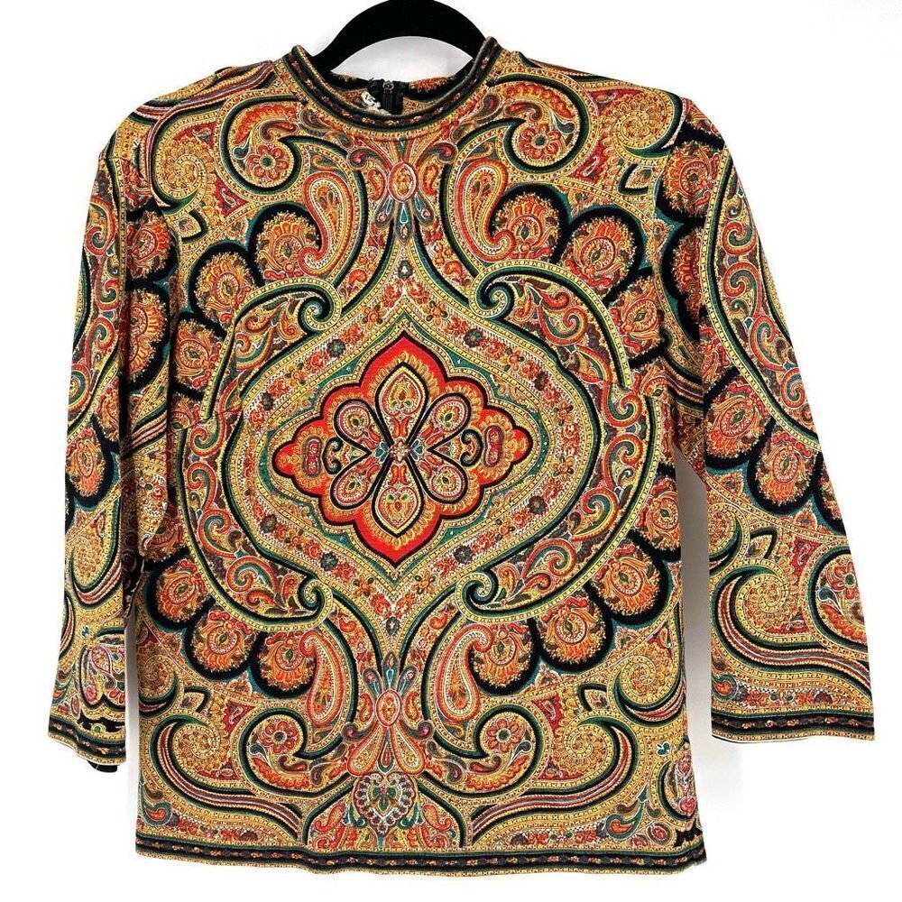Vintage 70s Hooper Women's Paisley Crew Neck 3/4 Sleeve Top Multi-Color Size 12‎
